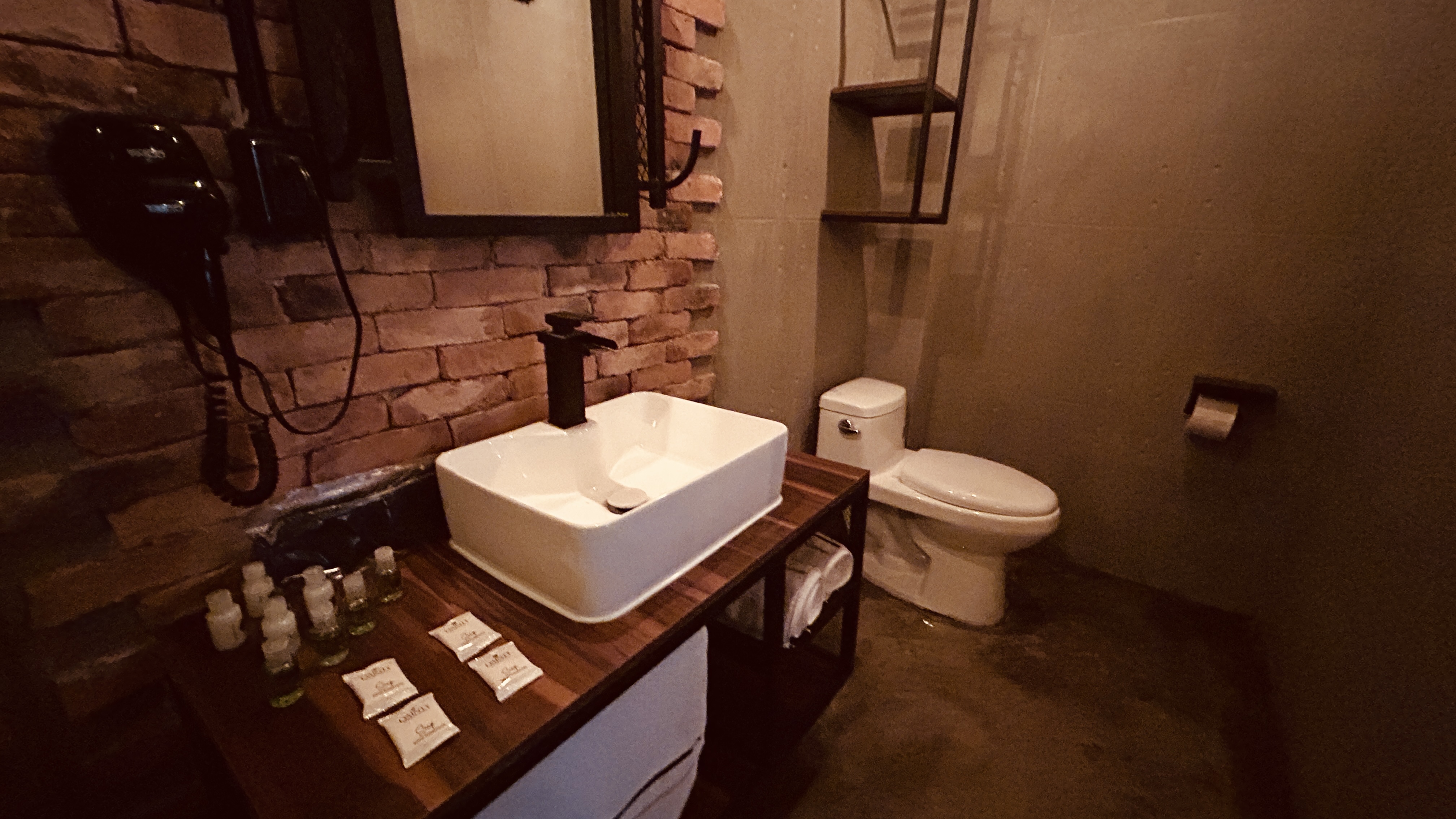 Baño con ladrillo expuesto, lavabo sobre cubierta de madera y grifería negra en Hotel Van Gogh